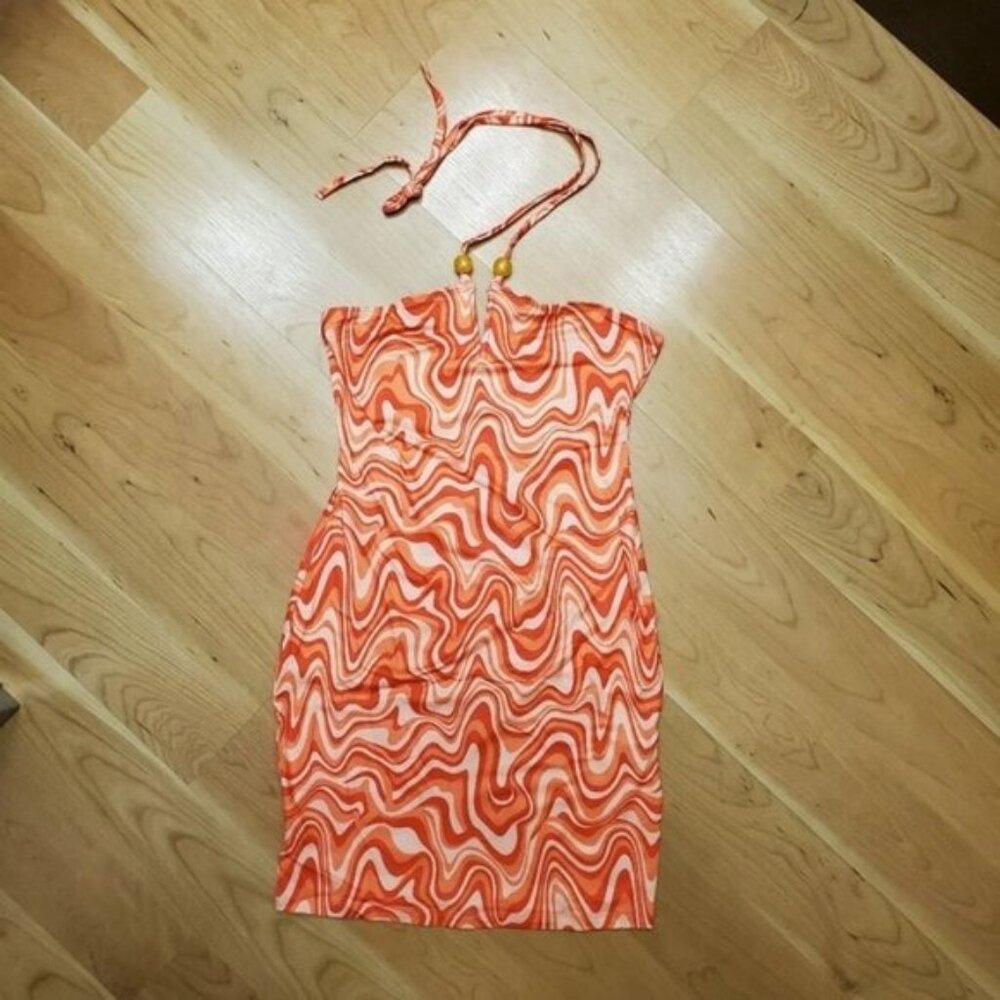 NWOT Halter Dress Retro Print Backless Y2K Vintage 70s